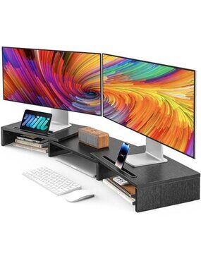 Dual Monitor Stand Riser Adjustable Length Desk Organizer Storage Shelf